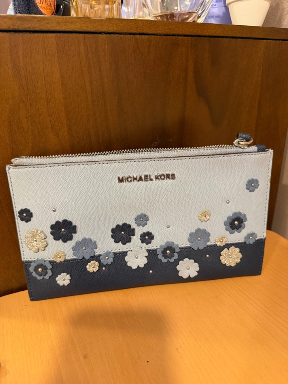Michael Kors Floral Appliqué Zip Pouch in Light Blue & Navy
